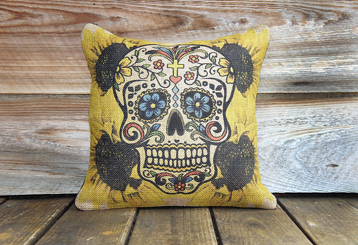Sugar Skull Pillow Cover Sunflowers Throw Pillow Halloween Etsy