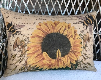 Sunflower Burlap Pillow, Grainsack Lumbar Pillow, Country Farmhouse, 18x12