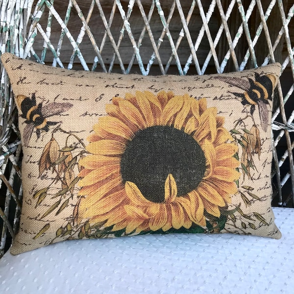 Sunflower Burlap Pillow, Grainsack Lumbar Pillow, Country Farmhouse, 18x12