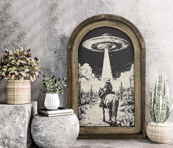 Cowgirl Wall Decor | UFO Wall Art | Eclectic Southwestern Decor | Retro Wall Hanging | American Western | 14" x 22" | Western Decor