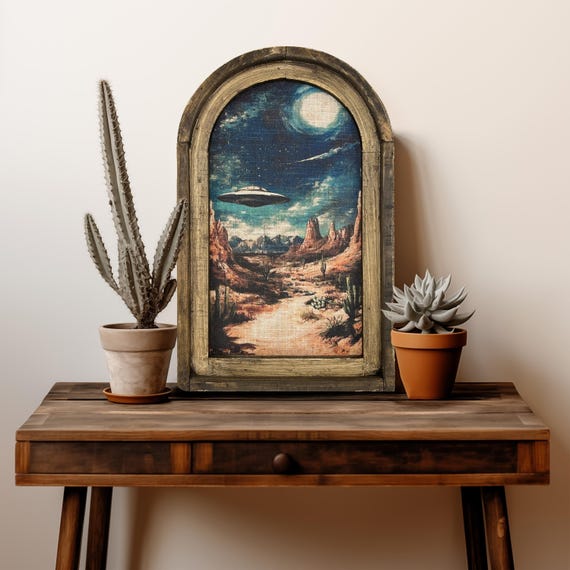 Surreal Wall Decor | UFO Wall Art | Bohemian Wall Hanging | Eclectic Decor | Western Art | Southwestern Framed Art