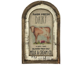 Dairy Farm Wall Art | 14" x 22" | Arch Window Frame | Linen Wall Hanging | Rustic Farmhouse Decor |