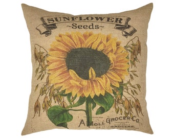 Sunflower Seeds Burlap Pillow I 18" x 18" French Farmhouse Pillow I Grain Sack Pillow