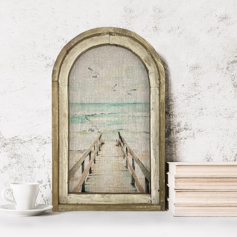 Coastal Dock Wall Decor | Coastal Wall Decor | Bathroom Wall Decor | Linen & Wood Wall Hanging | Watercolor Framed Artwork | Florida Decor image 1