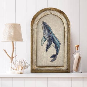 Blue Whale Wall Art | Coastal Wall Decor | Linen & Distressed Wood Wall Hanging | Watercolor Framed Artwork | Florida Decor