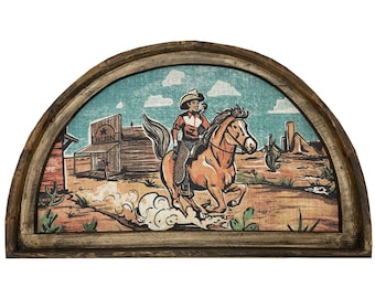 Cowboy Wall Art | 30" x 18" | Western Art | Desert Wall Decor | Linen & Wood | Yellowstone Decor | Eclectic Wall Art | Kids Room Decor