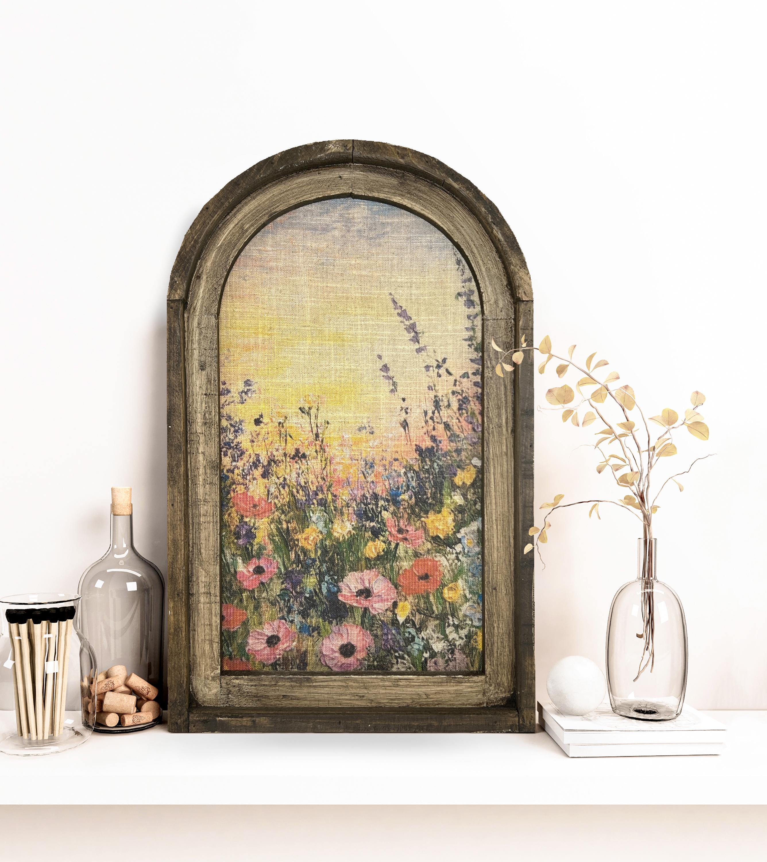 Wildflower Art in Arched Wood Frame | Farmhouse Botanical Wall