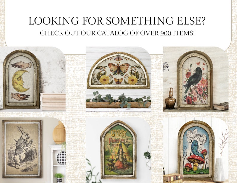 May include: A collection of framed art prints with vintage designs. The prints feature a crescent moon with hands, butterflies, a crow, a rabbit, a fortune teller, and a caterpillar. The text reads "LOOKING FOR SOMETHING ELSE? CHECK OUT OUR CATALOG OF OVER 900 ITEMS!"