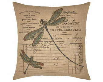 Dragonfly Burlap Pillow I 18" x 18" Country Farmhouse Pillow I Grain Sack