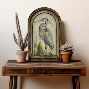 Heron Wall Art | Coastal Wall Decor | Linen & Distressed Wood Wall Hanging | Watercolor Framed Artwork | Florida Decor