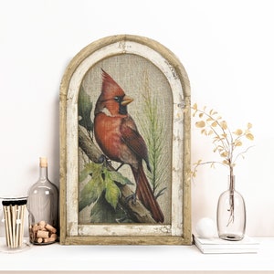 May include: A framed canvas print of a cardinal perched on a branch with green leaves. The frame is a rustic wood with a whitewash finish and an arched top.