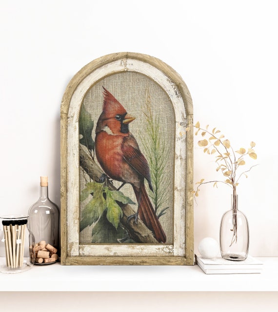 Cardinal Wall Art | 14" x 22" | Rustic Spring Decor | Linen Wall Hanging | Woodland Farmhouse Decor |
