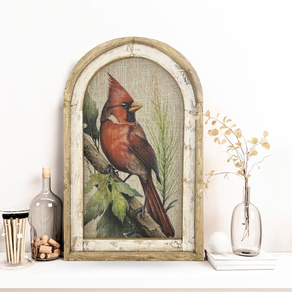 Cardinal Wall Art | 14" x 22" | Rustic Spring Decor | Linen Wall Hanging | Woodland Farmhouse Decor |