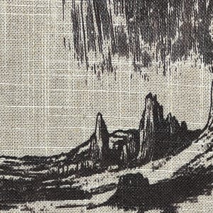 May include: A black and white illustration of a landscape with tall, thin rock formations in the foreground. The sky is filled with dark, swirling clouds.