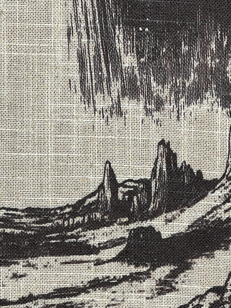 May include: A black and white illustration of a landscape with tall, thin rock formations in the foreground. The sky is filled with dark, swirling clouds.