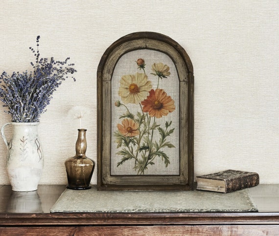 Rustic Neutral Flower Art in Arched Wood Frame | Farmhouse Botanical Wall Decor | Cozy Christmas Gift | Rustic Flower Farm