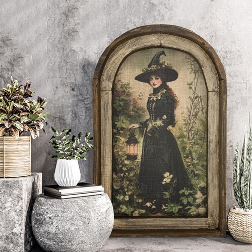 Witch in Her Garden Art | Gothic Cottagecore Wall Decor in Solid Wood Arched Frame | Eclectic Christmas Gift | Witchy Wall Decor | Moody Art