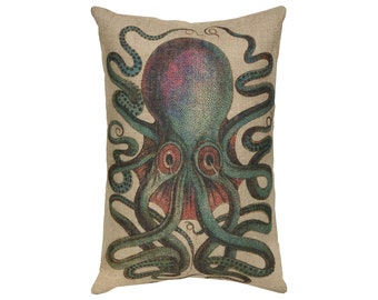Octopus Burlap Pillow, Nautical Lumbar Pillow, Coastal Throw Pillow, 18x12