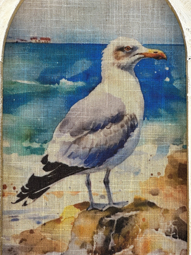 Op de afbeelding: Een witte meeuw met zwarte vleugelpunten staat op een rots met een blauwe zee en een zandstrand op de achtergrond.