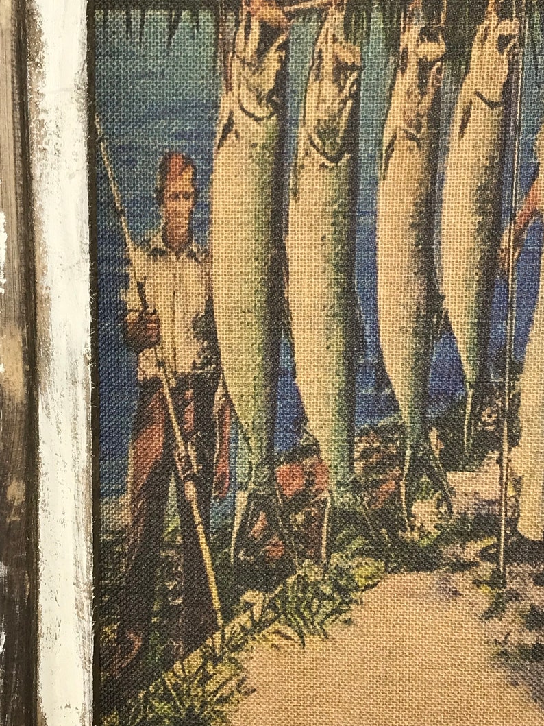 Farmhouse Decor | Tarpon Fishing Wall Art Window Frame Burlap Wall Hanging 16 x 36