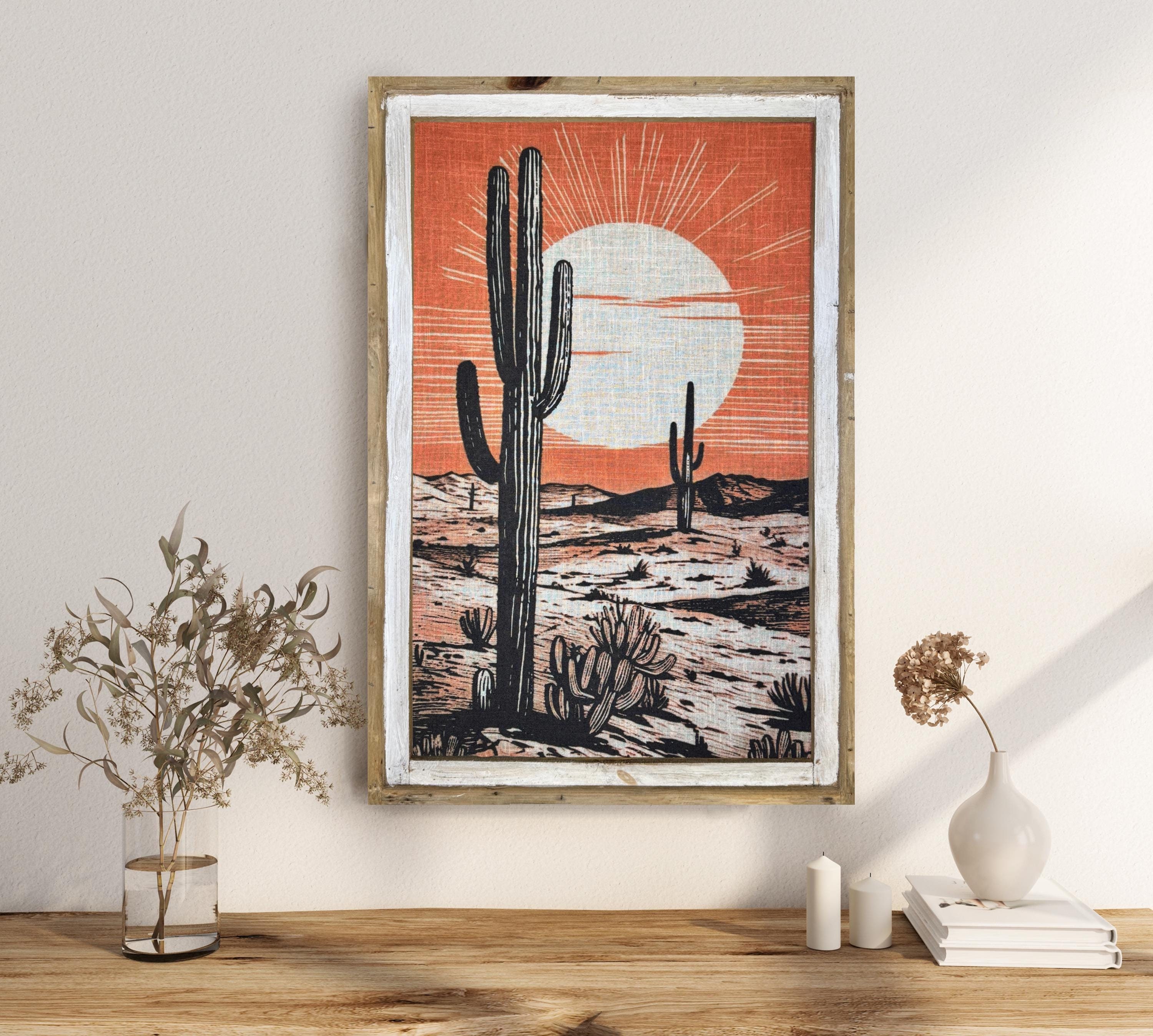 Cactus Wall Art | 24 x 36 | Solid Wood Frame | Western Wall Art |  Southwestern Art | Yellowstone Decor