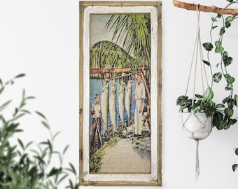 Tarpon Fishing Wall Art | 36" x 16" | Coastal Wall Decor | Handmade Wooden Frame | Linen Wall Hanging | Florida Keys Decor |
