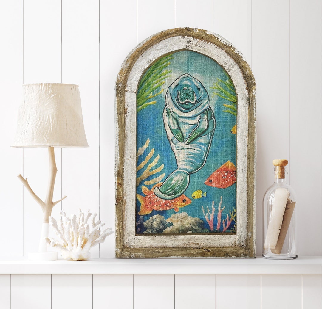 Manatee Wall Art Coastal Wall Decor Linen & Distressed Wood Wall
