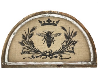 Queen Bee Wall Art | 30" x 18" | Arch Window Frame | Burlap Wall Hanging | French Farmhouse Decor |