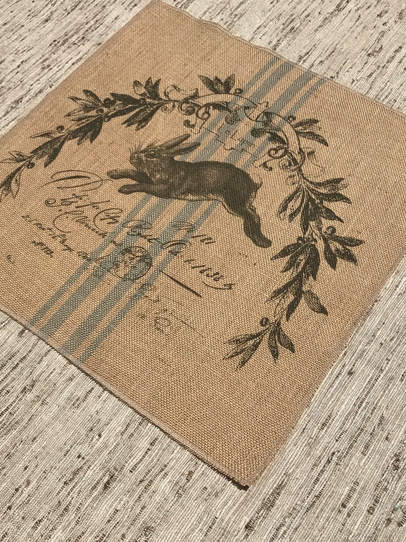 Rabbit Grainsack Burlap Panel, Reproduction Printed Fabric image 1