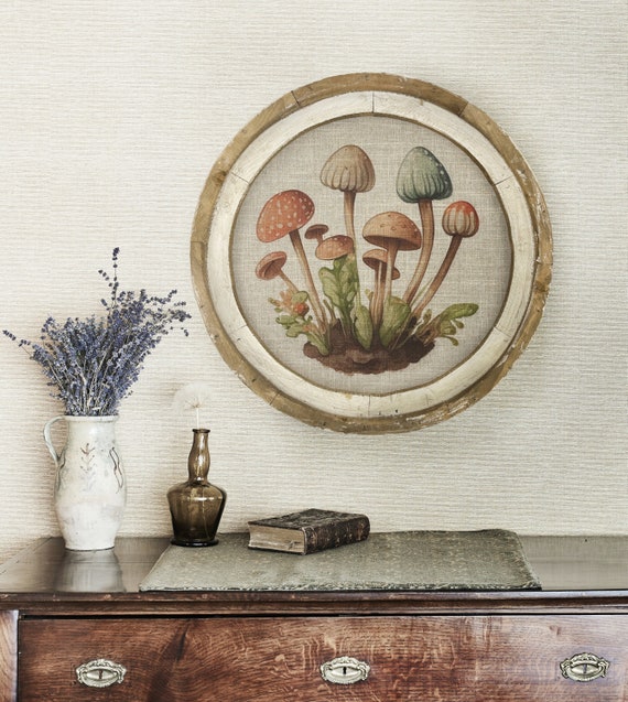 Mushroom Wall Decor | 20" x 20" | Woodland Wall Decor | Linen & Wood Handmade Art | Eclectic Decor | Floral