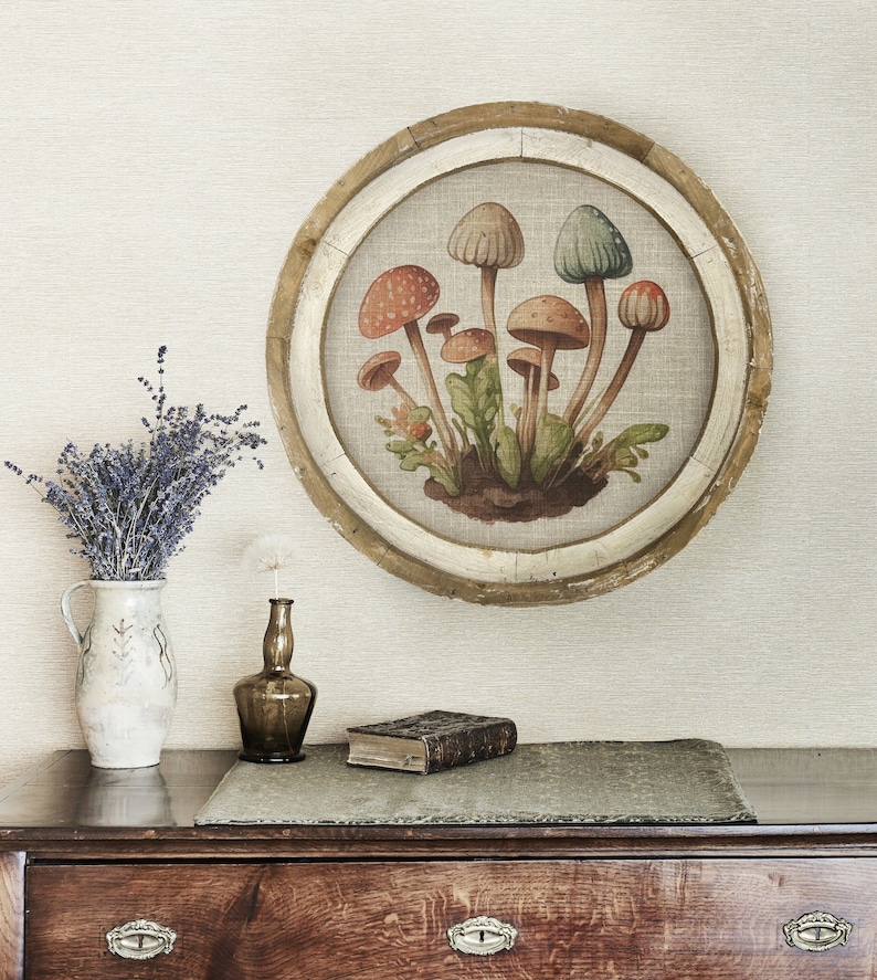 Mushroom Wall Decor | 20" x 20" | Woodland Wall Decor | Linen & Wood Handmade Art | Eclectic Decor | Floral bild 1