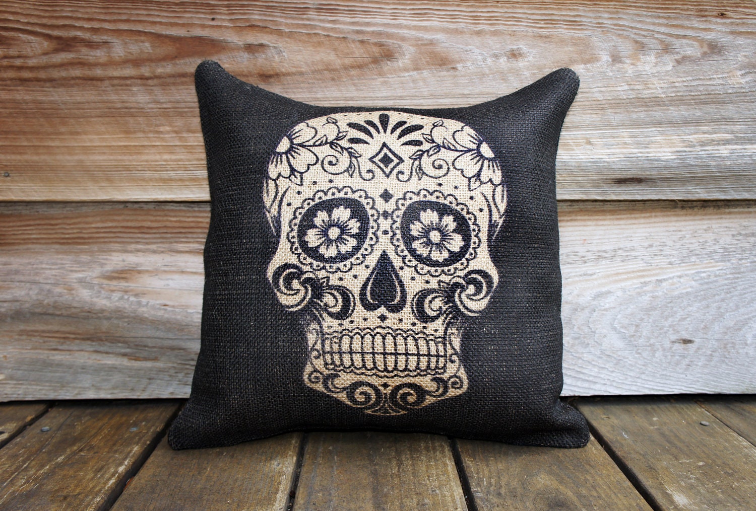 Sugar Skull Burlap Pillow Day Of The Dead Dia De Los Muertos