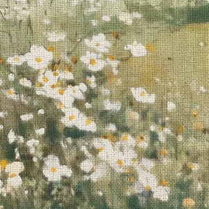 May include: Close-up of a painting depicting a field of white daisies with yellow centers. The daisies are set against a backdrop of green foliage and a light green background. The artwork has a textured, impressionistic style.