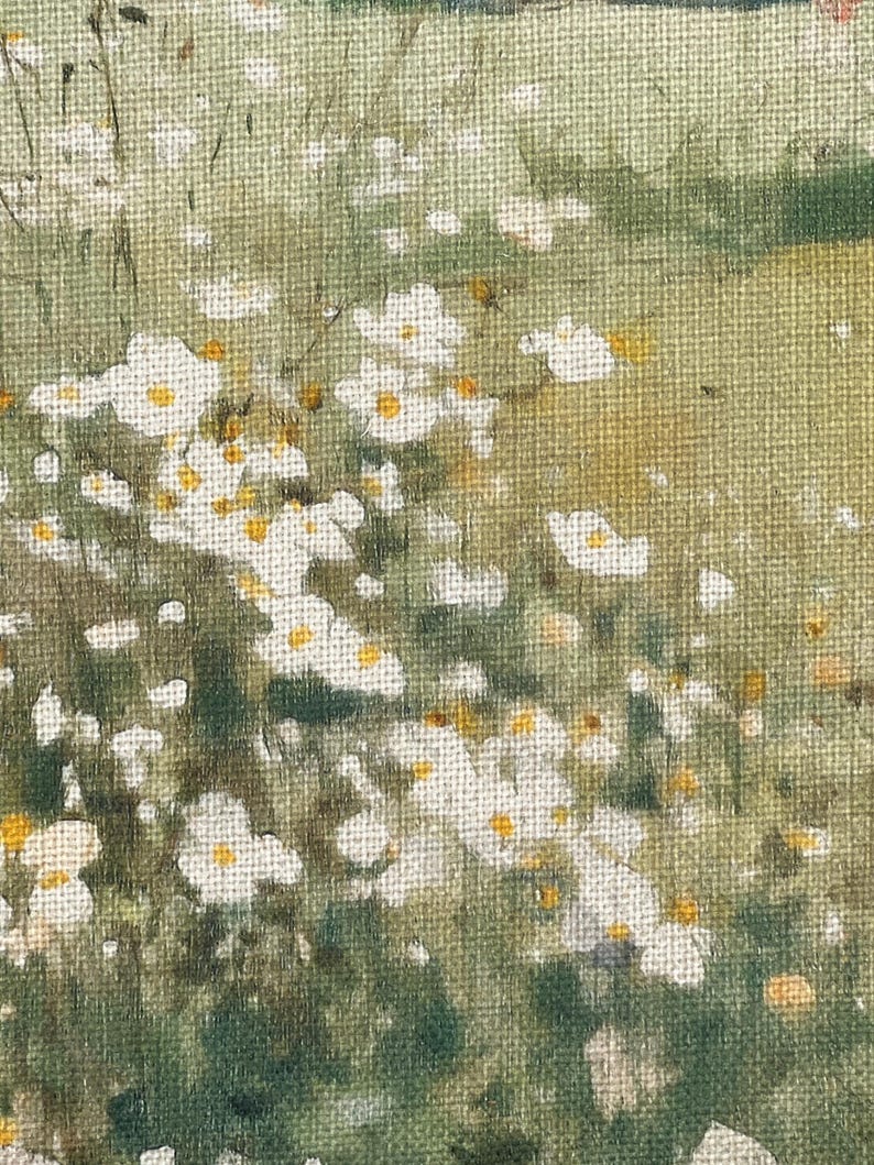 May include: Close-up of a painting depicting a field of white daisies with yellow centers. The daisies are set against a backdrop of green foliage and a light green background. The artwork has a textured, impressionistic style.