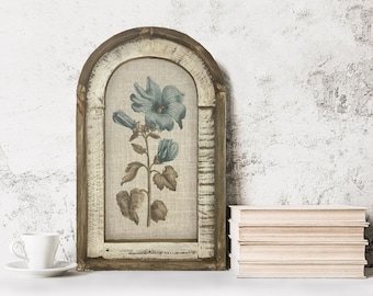 Botanical Wall Art | Farmhouse Decor | Arch Window Frame | Linen Wall Hanging | Blue Mallow Flower