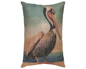 Pelican Burlap Pillow, Nautical Lumbar Pillow, Coastal Throw Pillow, 18x12