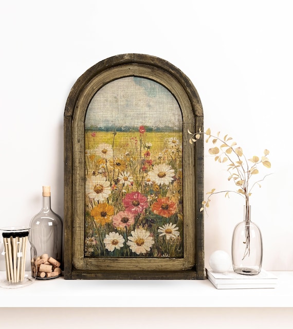 Rustic Neutral Flower Art in Arched Wood Frame | Farmhouse Botanical Wall Decor | Cozy Christmas Gift | Rustic Flower Farm