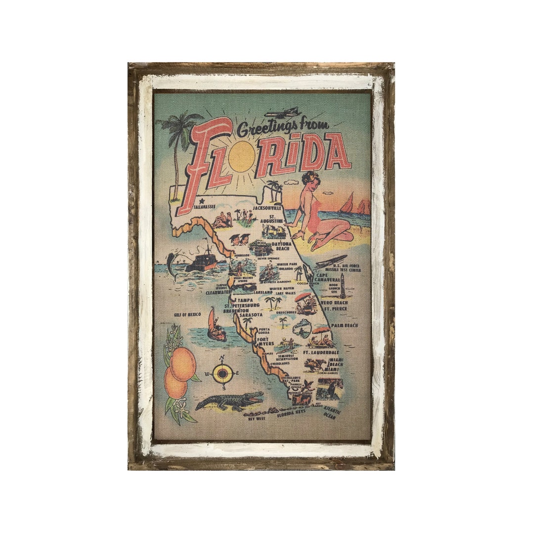 Florida Map Wall Art 24 X 36 Coastal Wall Art Florida Postcard Beach
