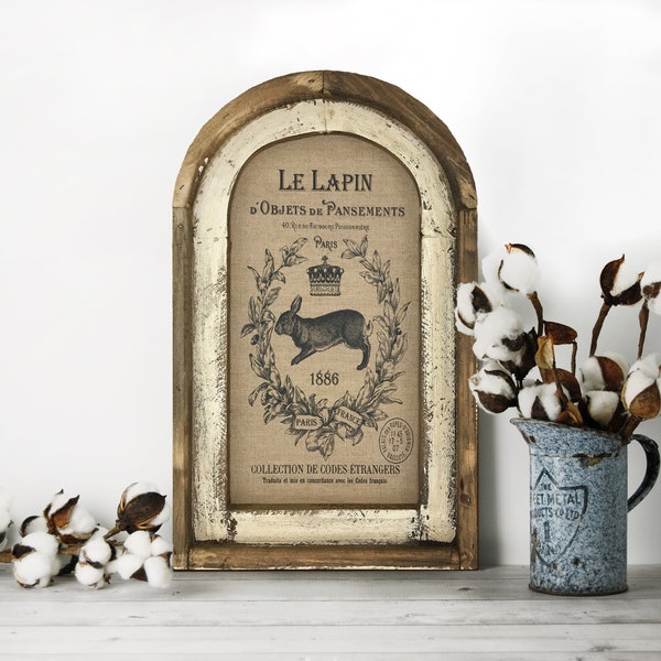 Rabbit Wall Decor | 14" x 22" | Arch Window Frame | Linen Wall Hanging | French Farmhouse Decor |