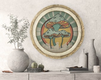Mid Century Wall Decor | 20" x 20" | Groovy Mushrooms Wall Decor | Linen & Wood Handmade Art | Eclectic Decor | 70's