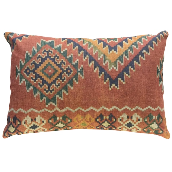 Orange Aztec Throw Pillow Linen Lumbar Pillow Worldly Etsy