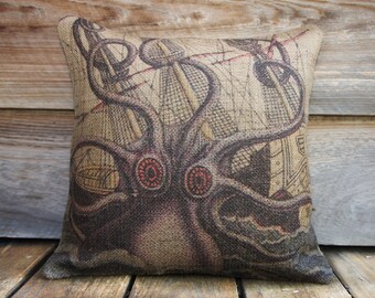 Octopus Pillow, Throw Pillow, Nautical Cushion, Beach Decor, Accent Pillow, Purple, Beige, Blue