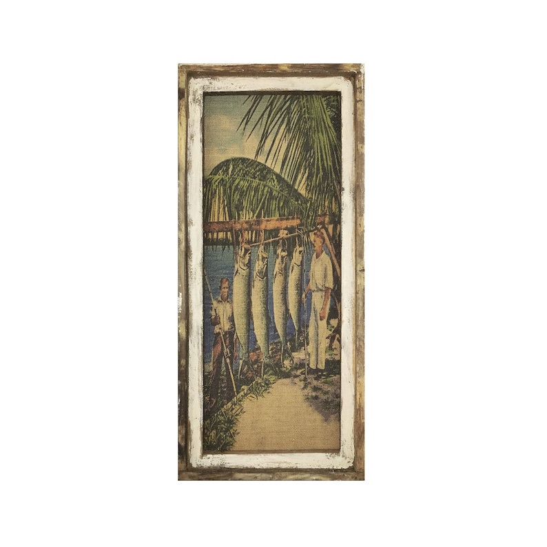Farmhouse Decor | Tarpon Fishing Wall Art Window Frame Burlap Wall Hanging 16 x 36