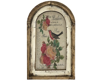 Birds with Roses Wall Art | 14" x 22" | Arch Window Frame | Linen Wall Hanging | French Farmhouse Decor |