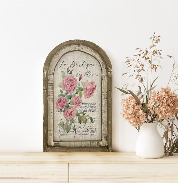 Pink Roses Wall Decor | Farmhouse Decor | Arch Window Frame | Linen Wall Hanging | Botanicals