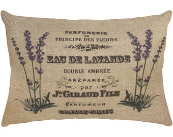 Lavender Pillow, Burlap Pillow, French Country Lumbar Pillow, Country Farmhouse, 18x12