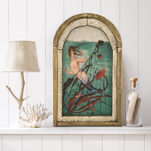 Mermaid Wall Decor | 14" x 22" | French Poster Wall Art | Linen Wall Hanging | Coastal Bathroom Decor |