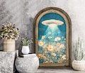 Eclectic Wall Art in Solid Wood Arched Frame | Cottagecore Wall Decor | Moody Floral Wall Art | Boho Gift | Whimsical Blue Flowers with UFO