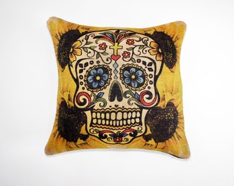 Sugar Skull Pillow Cover, Sunflowers, Throw Pillow, Halloween Decoration, Day of the Dead, Día de los Muertos,