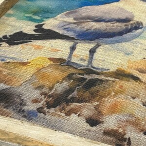 Op de afbeelding: Een ingelijst aquarel schilderij van een meeuw die op een rots staat met een blauwe en groene oceaan achtergrond.